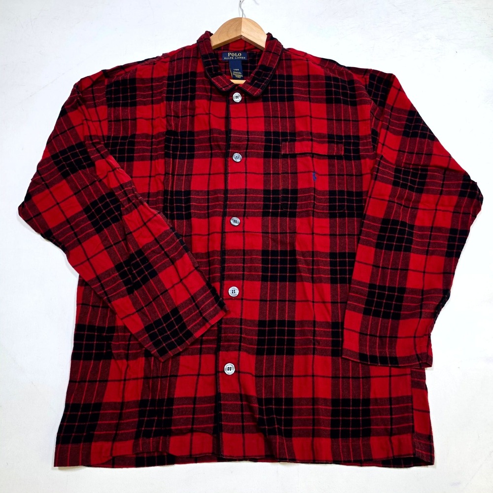 Polo Ralph Lauren Sleep Shirt Mens Large Red Plaid Buffalo Check Button Up 8852